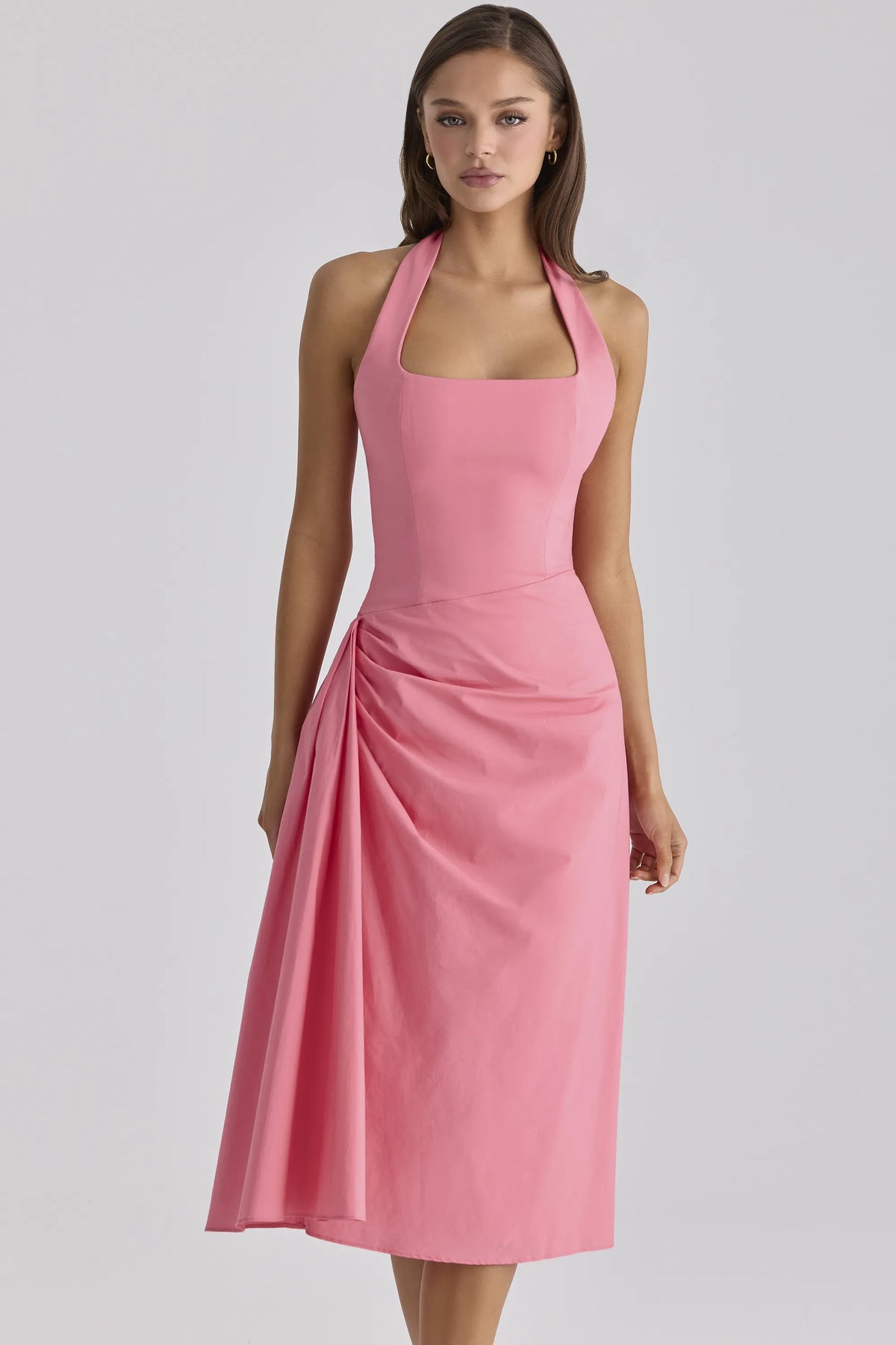 Tallulah Raspberry Cotton Halter Neck Midi Dress