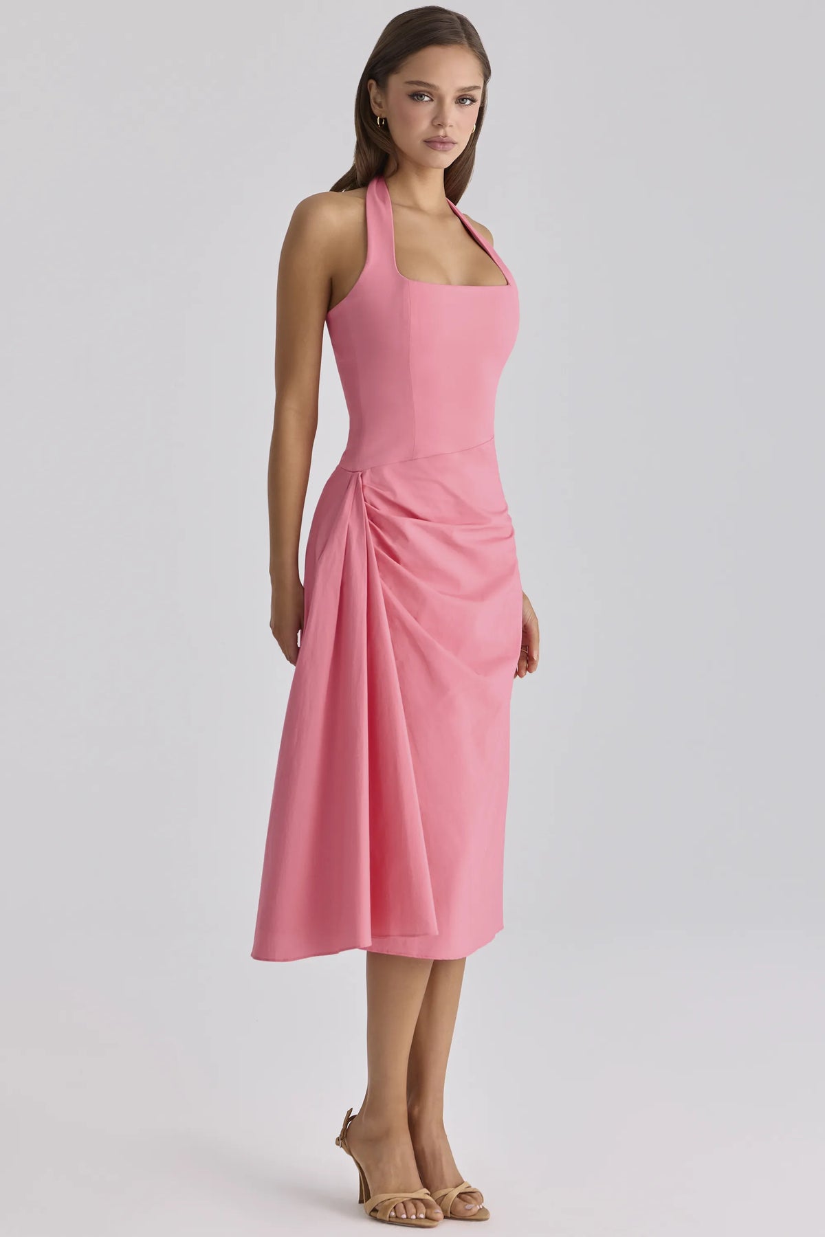 Tallulah Raspberry Cotton Halter Neck Midi Dress