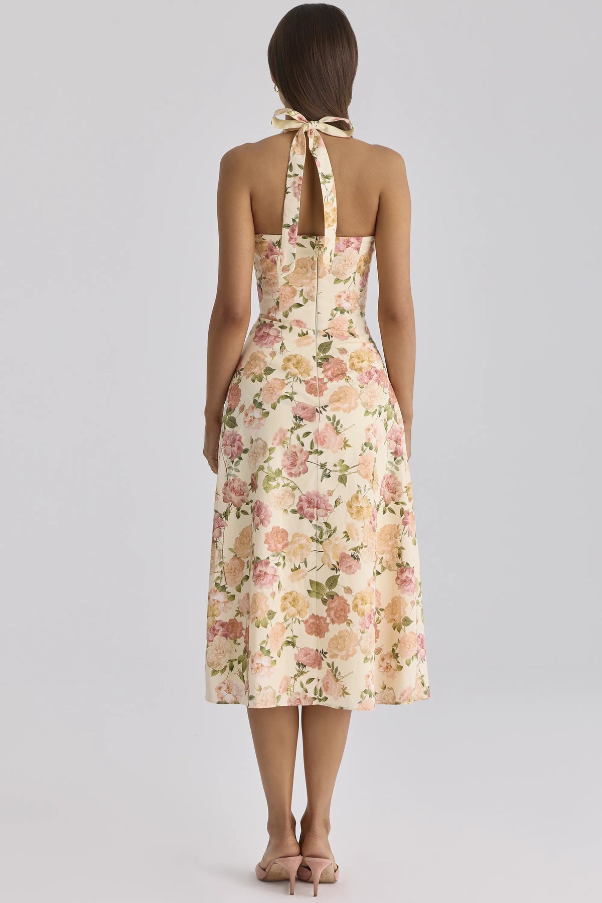 Tallulah Warm Rose Print Halter Neck Cotton Midi Dress