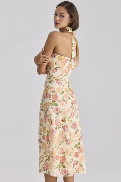 Tallulah Warm Rose Print Halter Neck Cotton Midi Dress