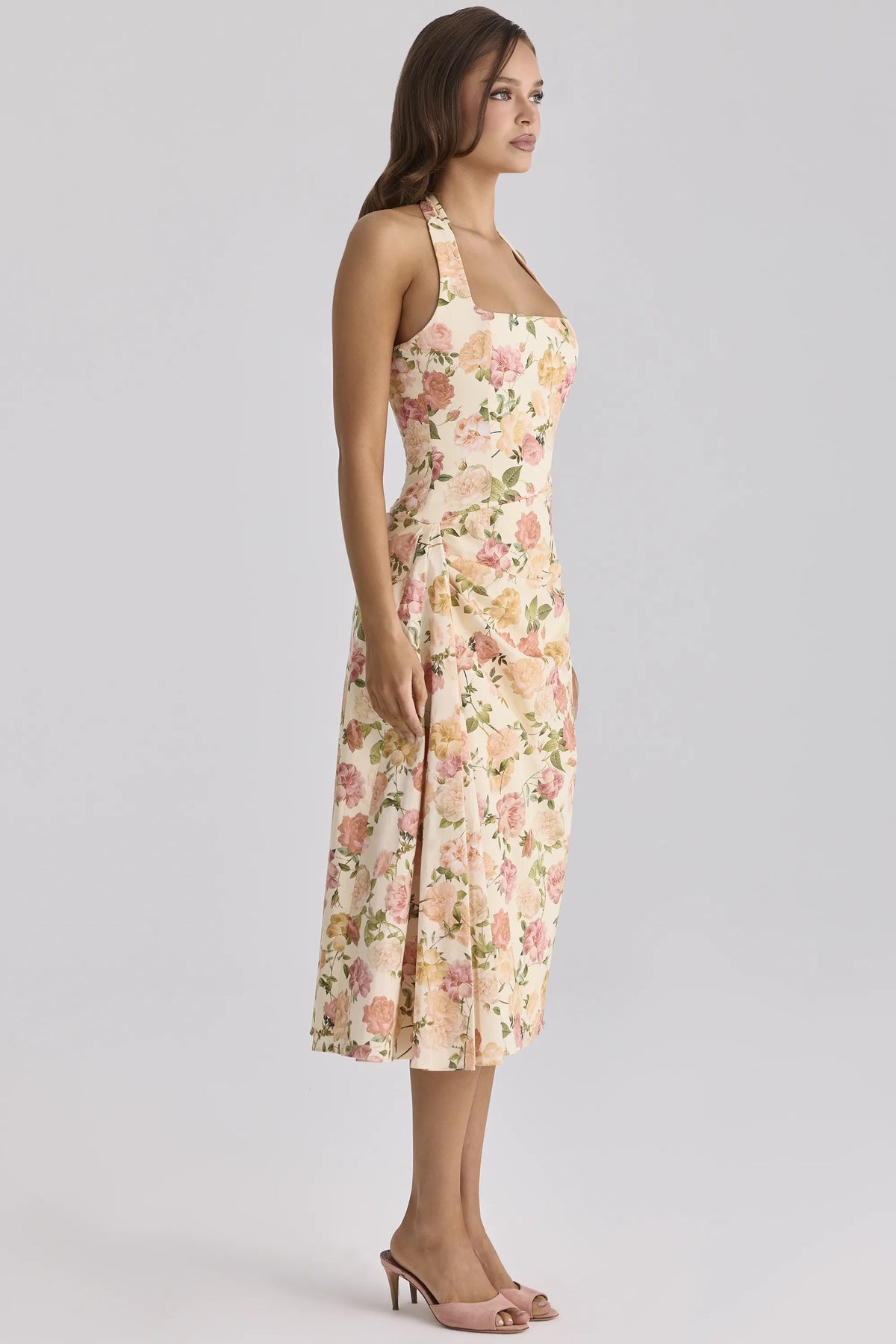Tallulah Warm Rose Print Halter Neck Cotton Midi Dress