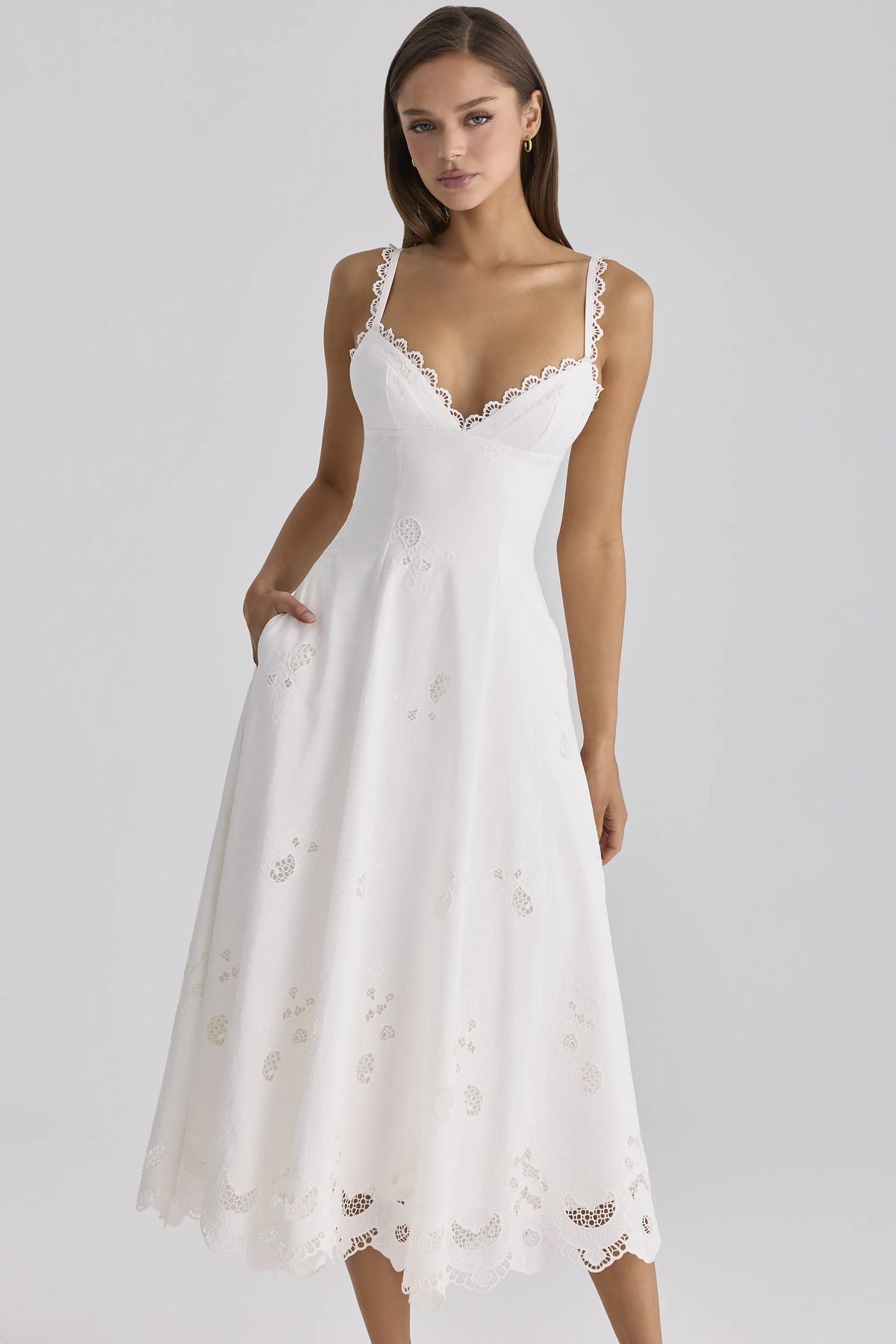 Tatiana White Cotton Broderie Anglaise Midi Sundress