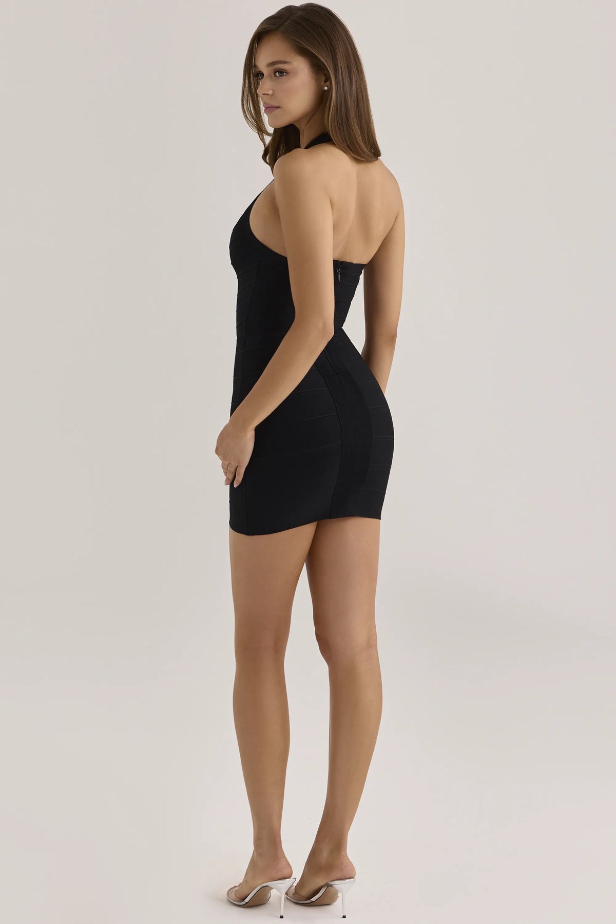The Contour Black Sculpting Halter V Waist Mini Bandage Dress
