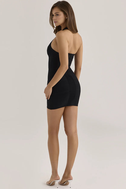 The Contour Black Sculpting Halter V Waist Mini Bandage Dress
