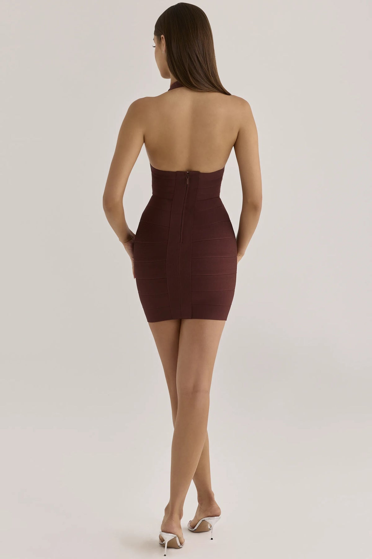 The Plunge Burnt Sugar Deep V Halter Mini  Bandage Dress