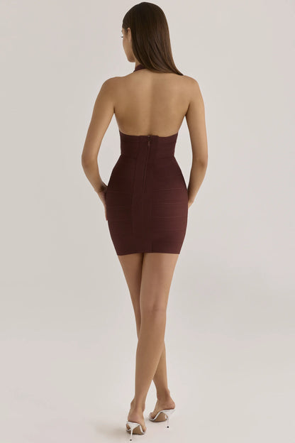 The Plunge Burnt Sugar Deep V Halter Mini  Bandage Dress