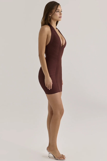 The Plunge Burnt Sugar Deep V Halter Mini  Bandage Dress