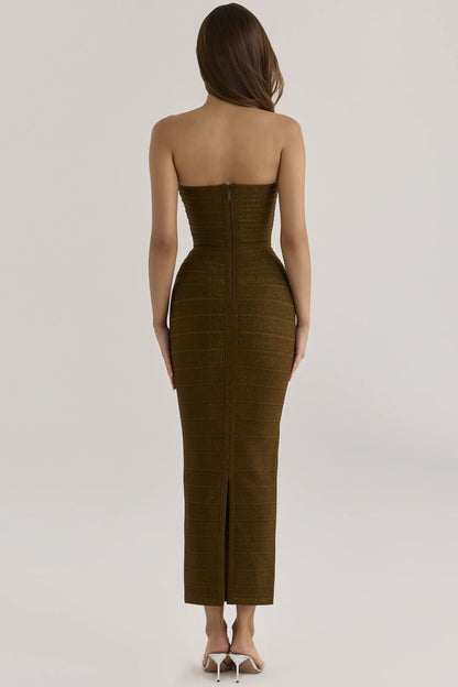 The Sweetheart Olive Shimmer Strapless V Waist Bandage Maxi Dress