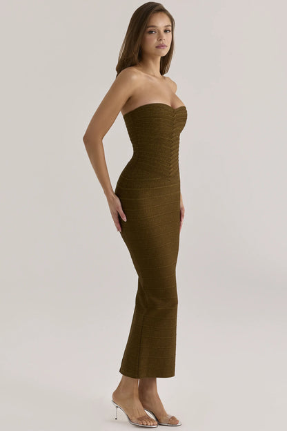 The Sweetheart Olive Shimmer Strapless V Waist Bandage Maxi Dress