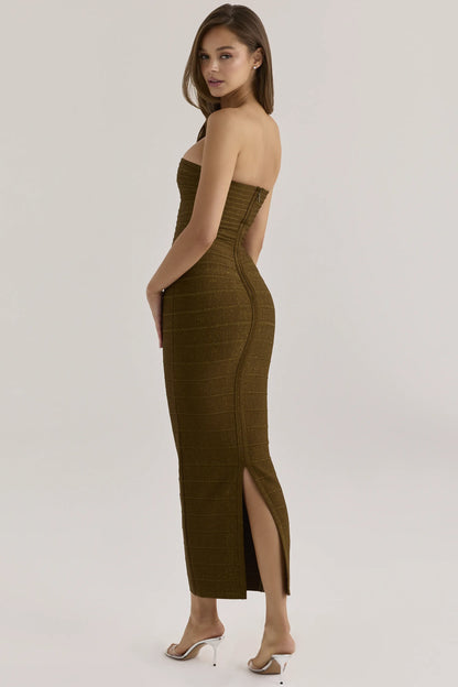 The Sweetheart Olive Shimmer Strapless V Waist Bandage Maxi Dress
