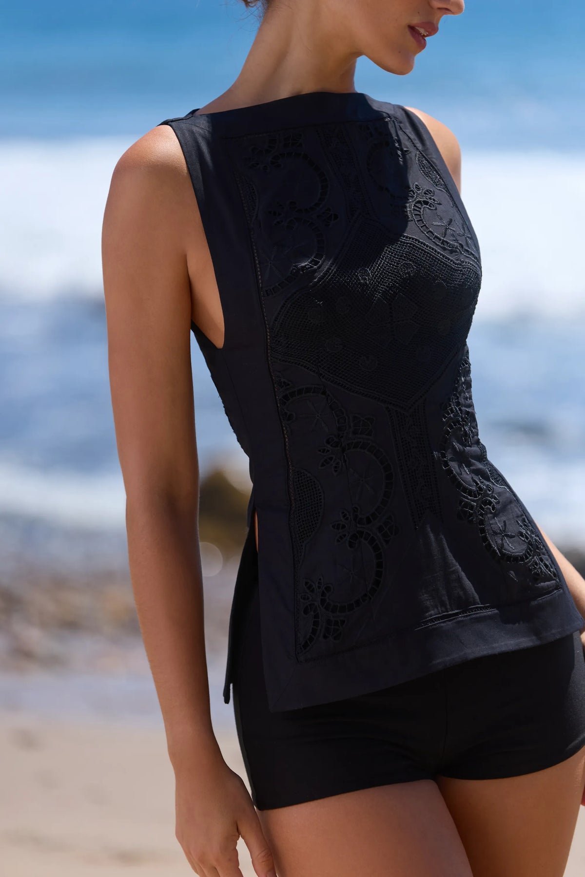 Valencia Black Cotton Placement Lace Broderie Anglaise Boat Neck Top