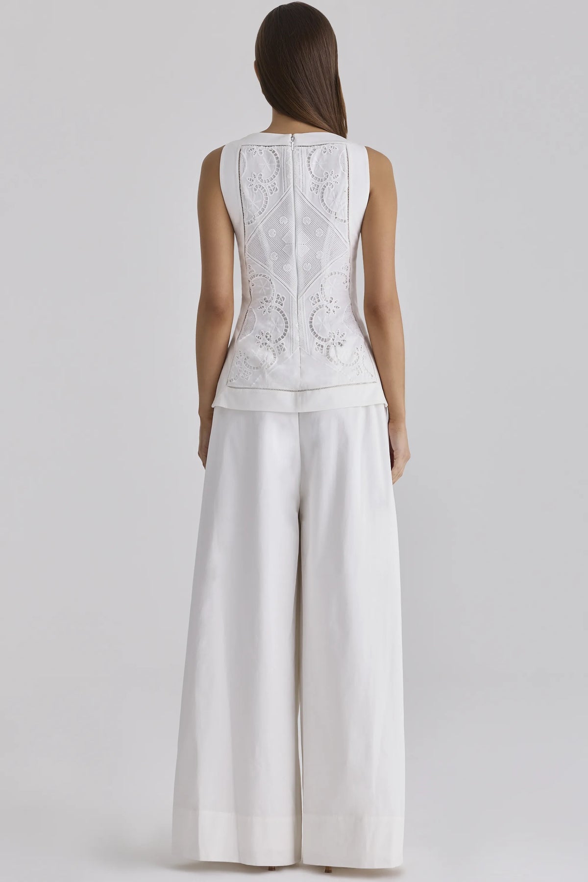 Valencia White Cotton Placement Lace Broderie Anglais Boat Neck Top