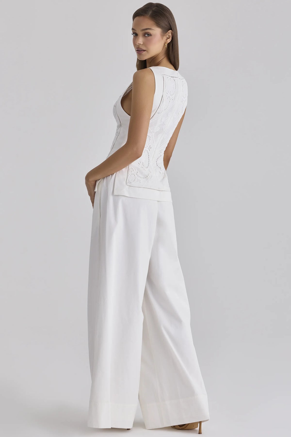 Valencia White Cotton Placement Lace Broderie Anglais Boat Neck Top