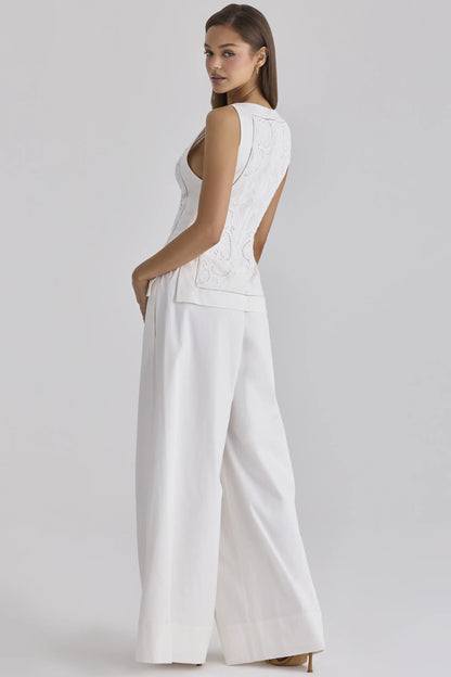 Valencia White Cotton Placement Lace Broderie Anglais Boat Neck Top