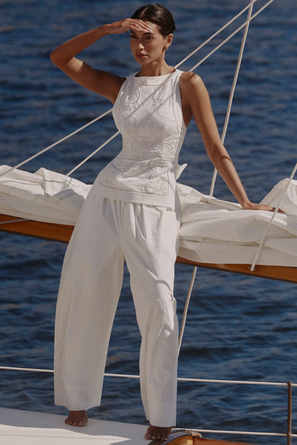 Valencia White Cotton Placement Lace Broderie Anglais Boat Neck Top
