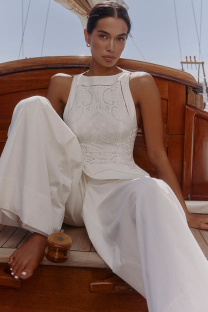 Valencia White Cotton Placement Lace Broderie Anglais Boat Neck Top