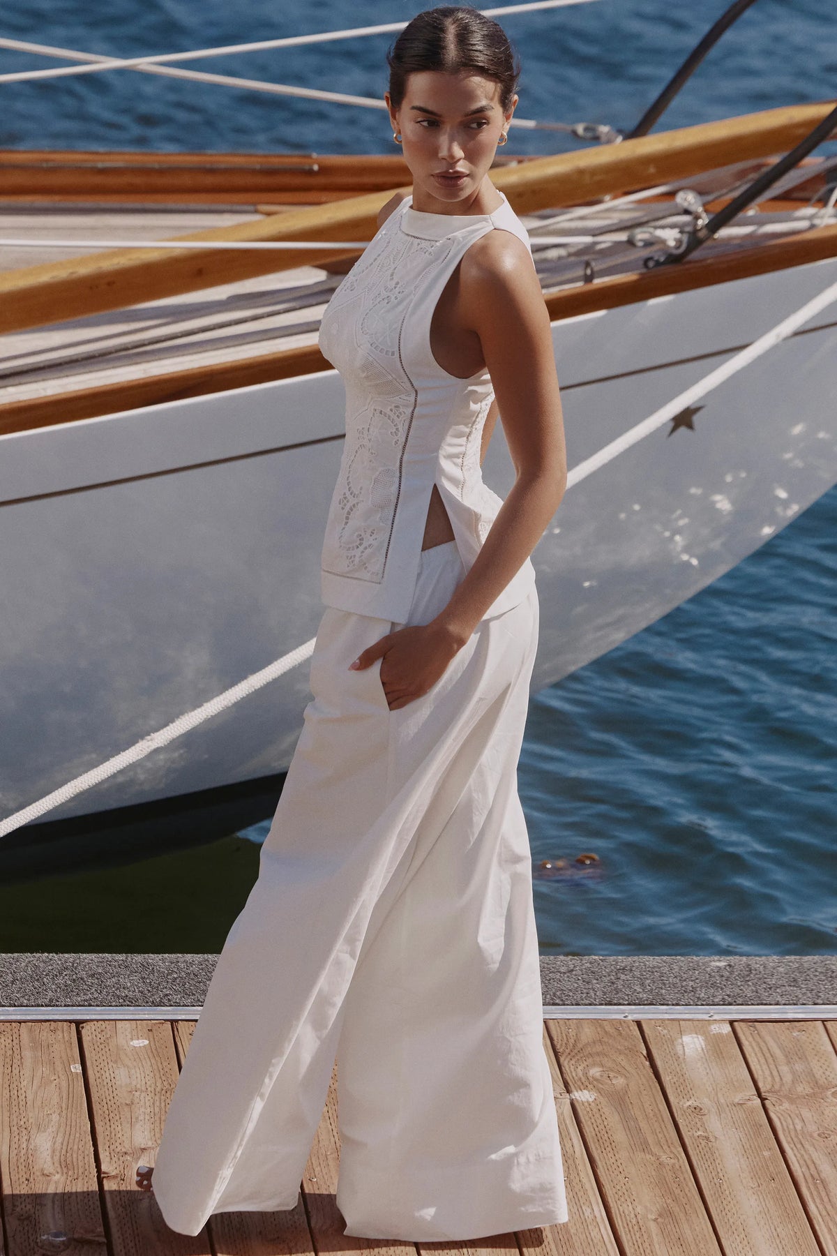 Valencia White Cotton Placement Lace Broderie Anglais Boat Neck Top