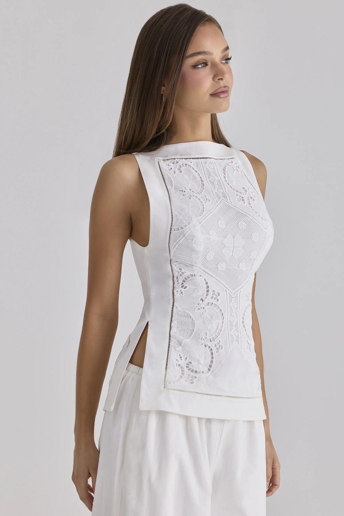 Valencia White Cotton Placement Lace Broderie Anglais Boat Neck Top