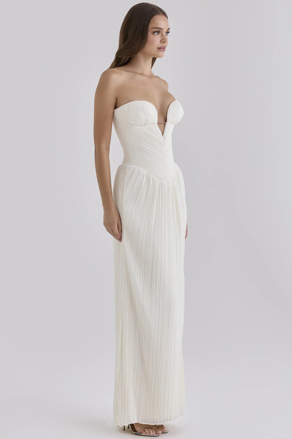 Valeriana White Chiffon Micro Pleat Strapless Maxi Gown