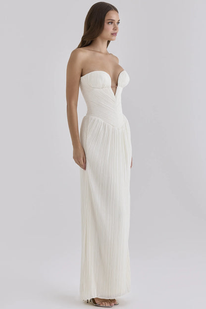 Valeriana White Chiffon Micro Pleat Strapless Maxi Gown