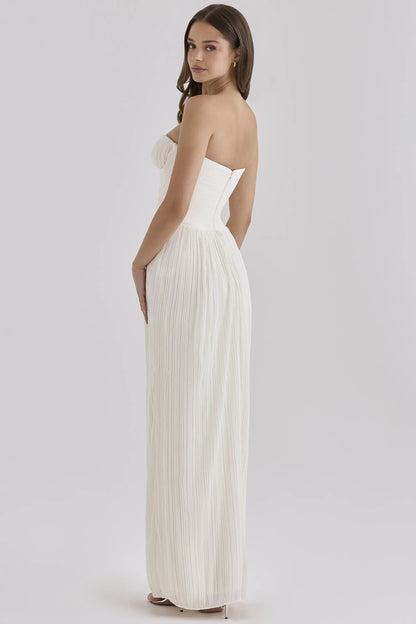 Valeriana White Chiffon Micro Pleat Strapless Maxi Gown