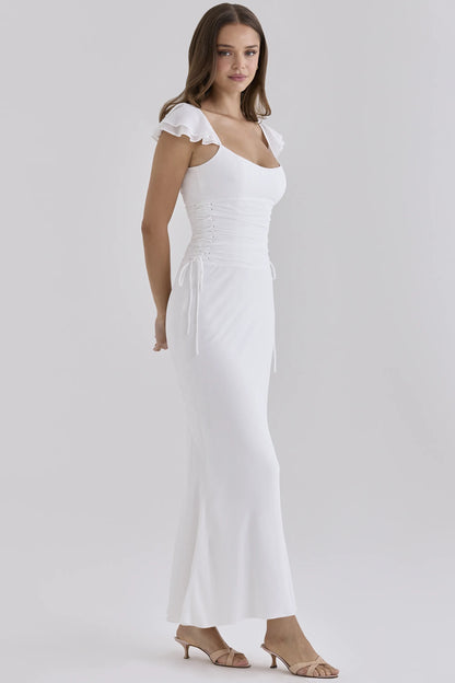 Viana White Georgette Flutter Sleeve Maxi Dress