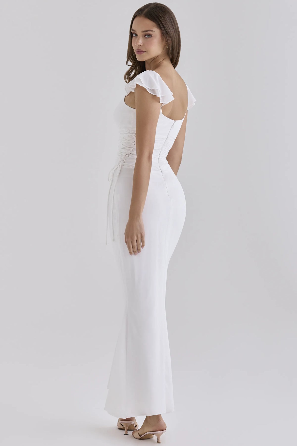 Viana White Georgette Flutter Sleeve Maxi Dress