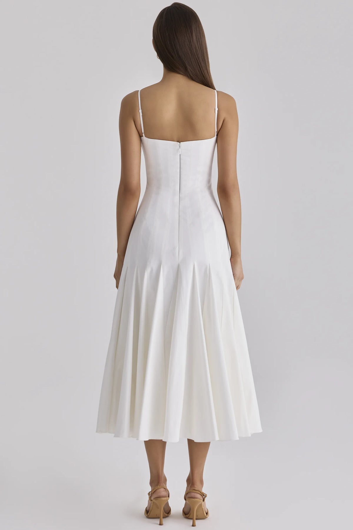 Vionne White Pleated Cotton Godet Midi Dress