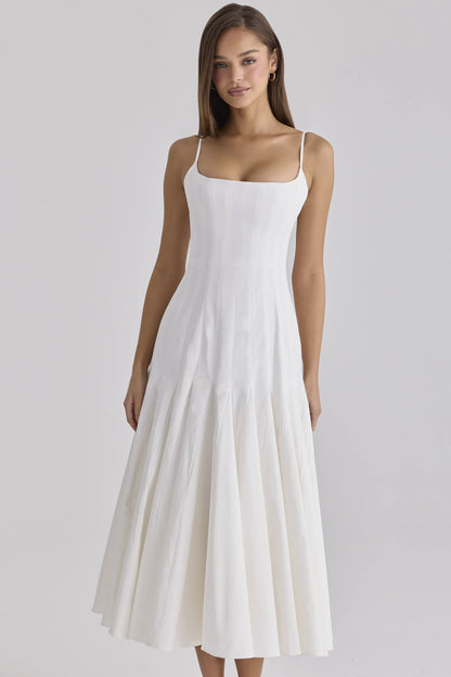 Vionne White Pleated Cotton Godet Midi Dress
