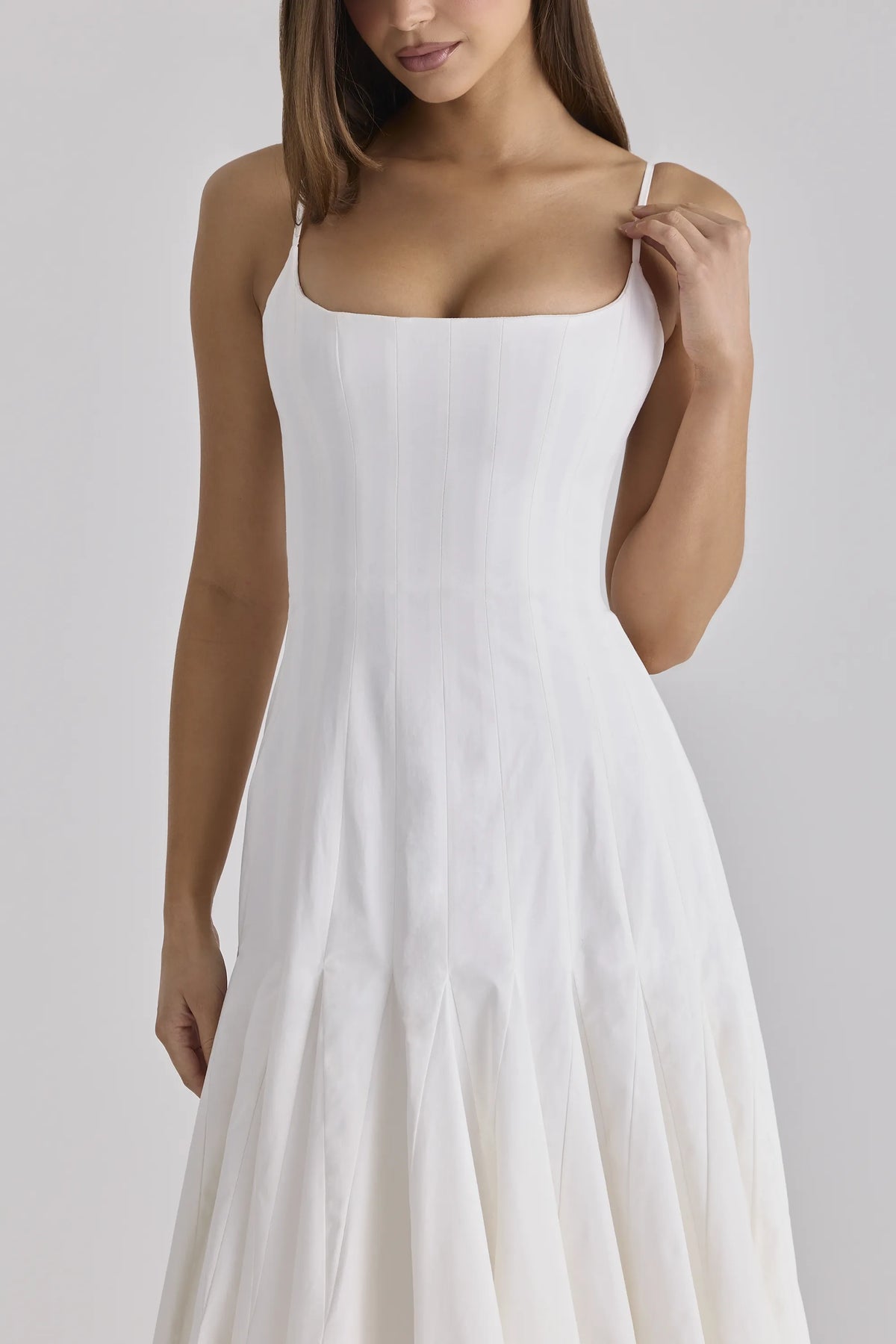 Vionne White Pleated Cotton Godet Midi Dress