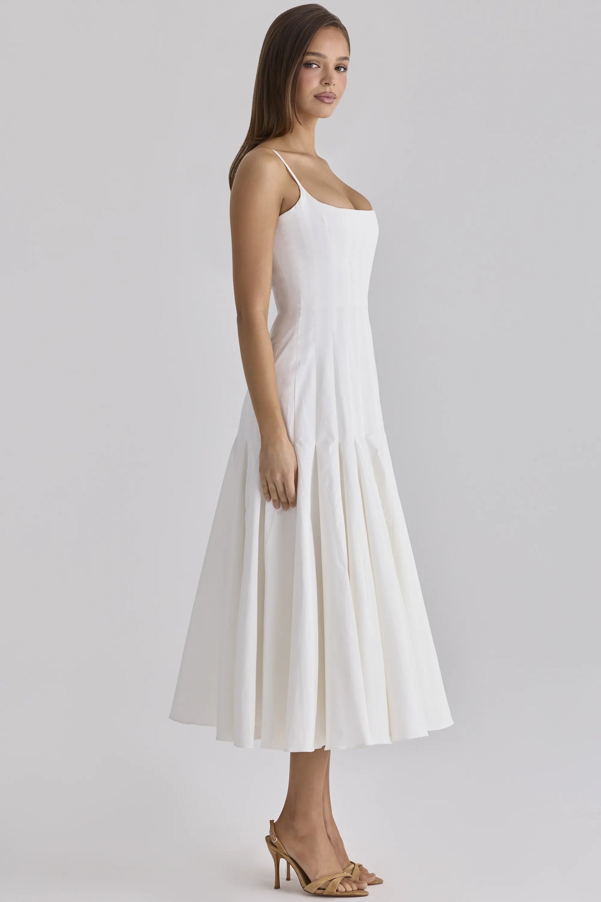 Vionne White Pleated Cotton Godet Midi Dress