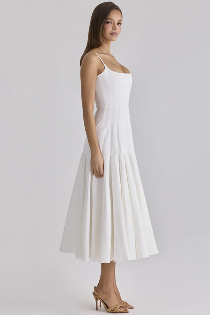 Vionne White Pleated Cotton Godet Midi Dress