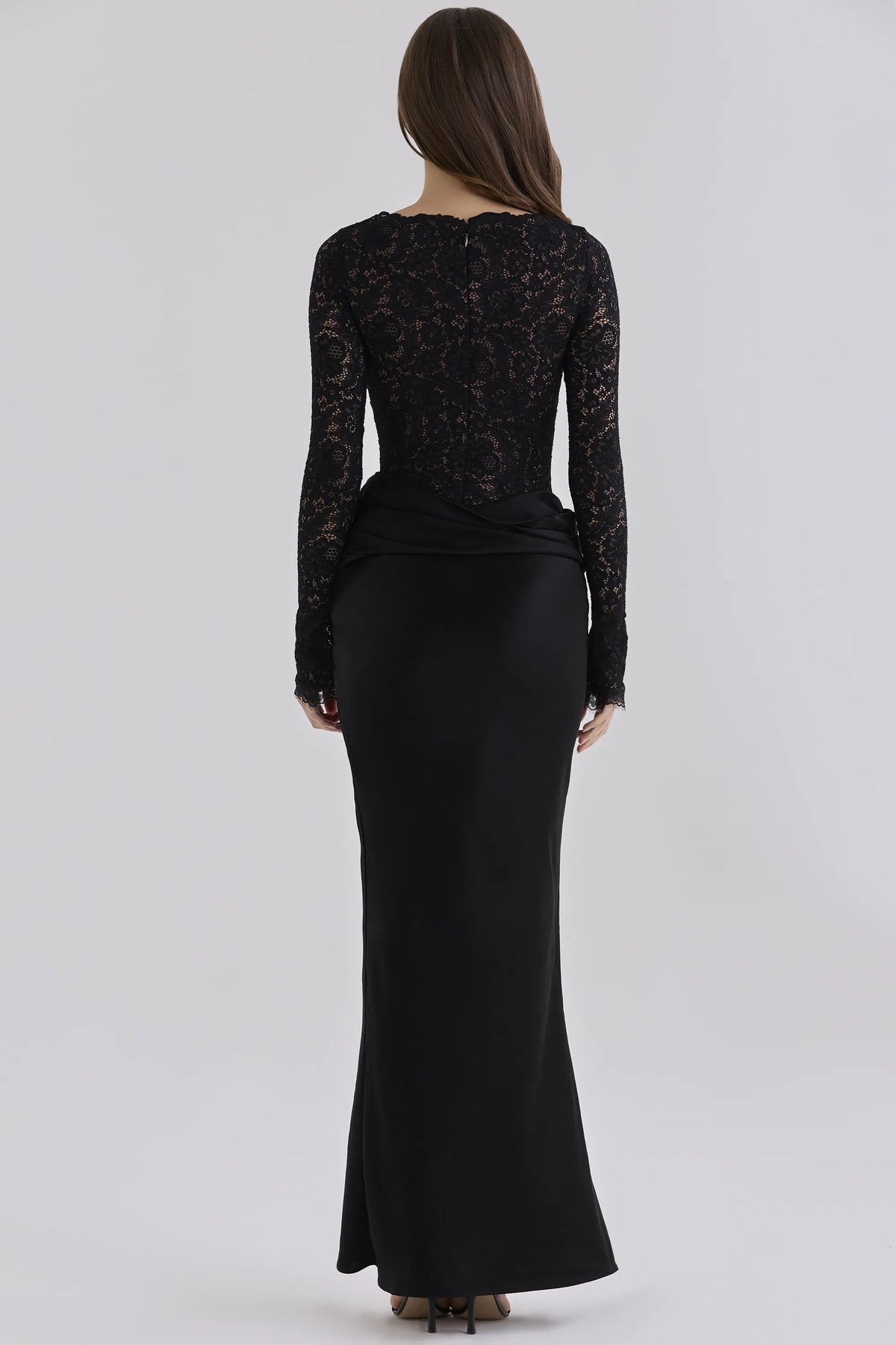 Yasmeen Black Corded Lace + Satin Draped Maxi Dress