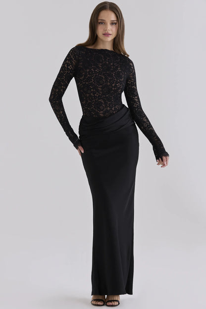 Yasmeen Black Corded Lace + Satin Draped Maxi Dress