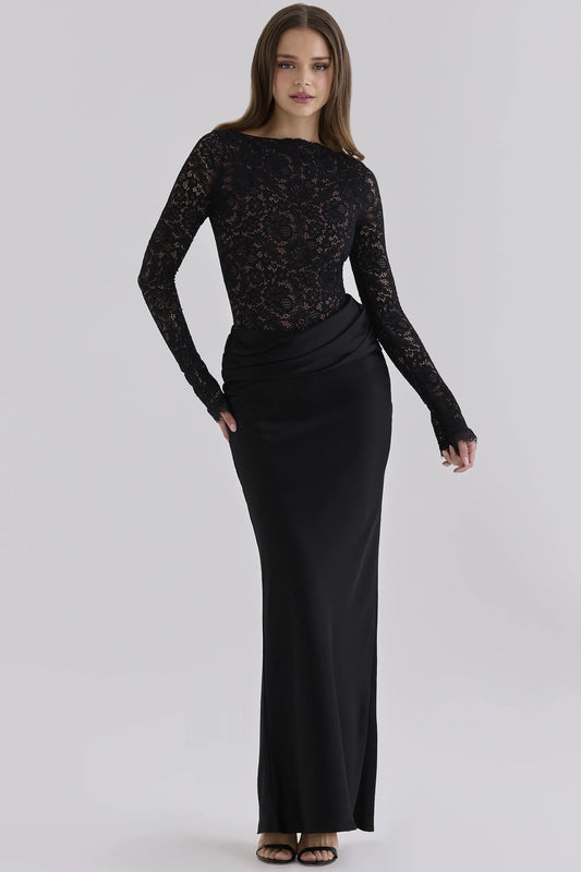 Yasmeen Black Corded Lace + Satin Draped Maxi Dress