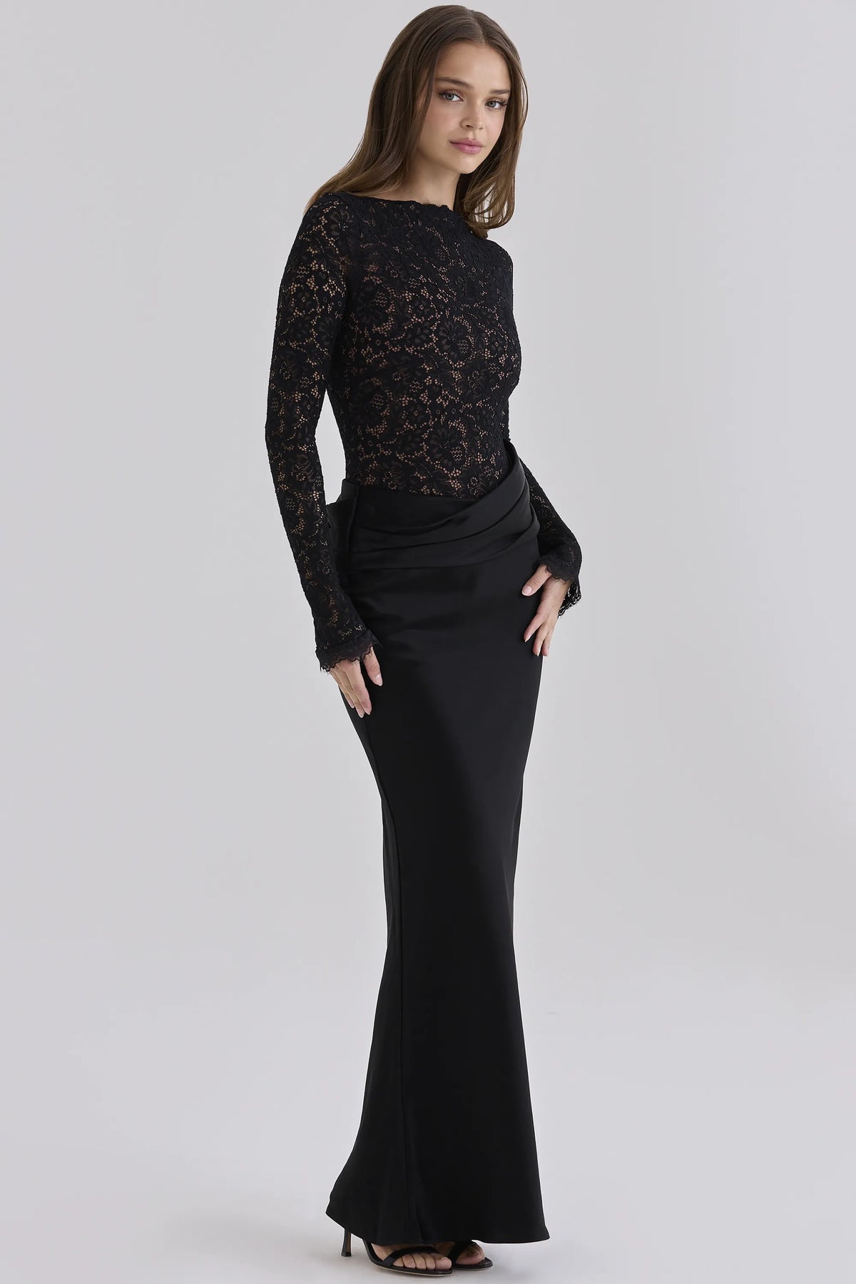 Yasmeen Black Corded Lace + Satin Draped Maxi Dress