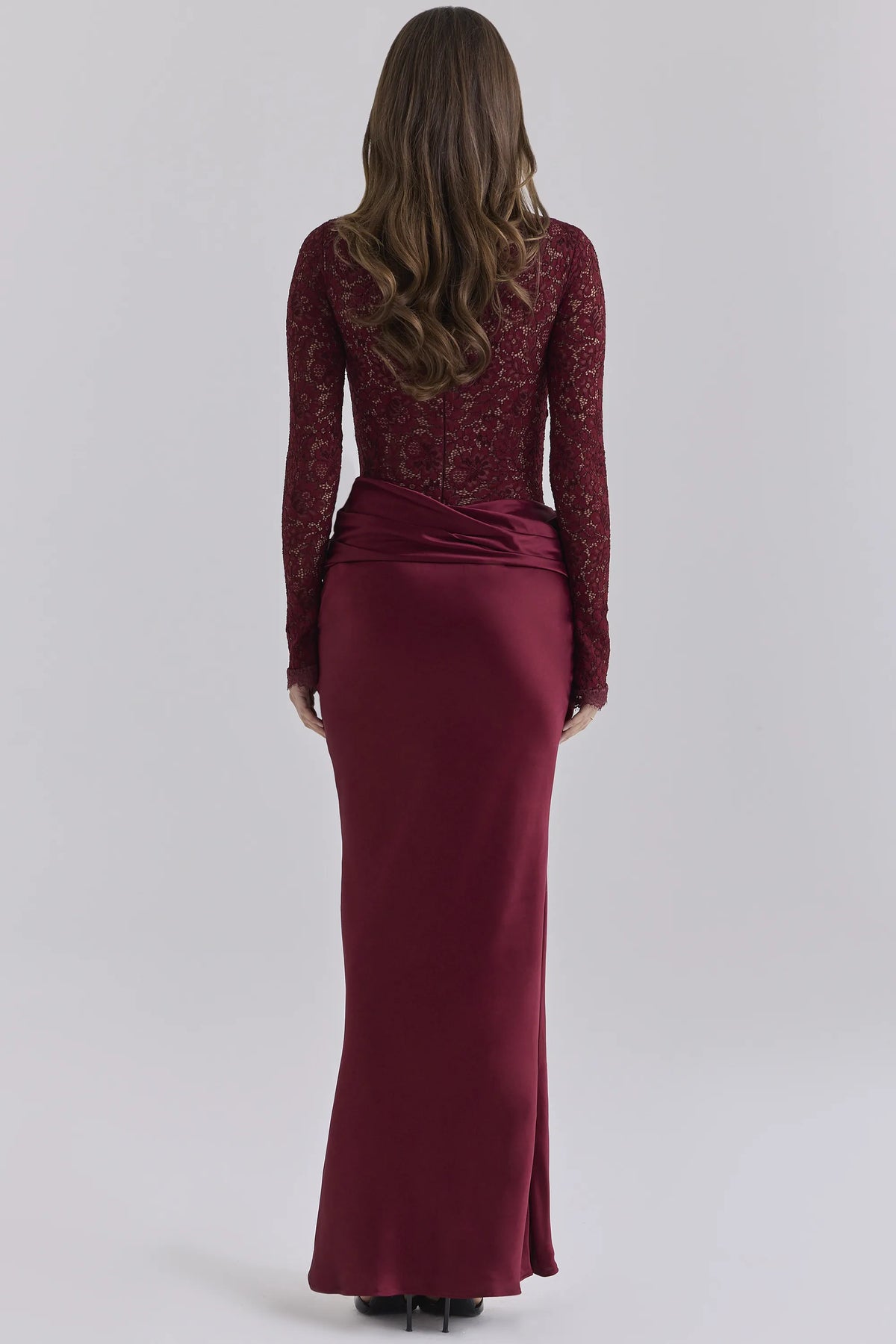 Yasmeen Cabernet Lace + Satin Draped Maxi Dress