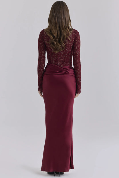 Yasmeen Cabernet Lace + Satin Draped Maxi Dress