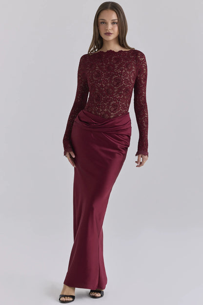 Yasmeen Cabernet Lace + Satin Draped Maxi Dress