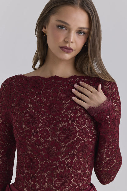 Yasmeen Cabernet Lace + Satin Draped Maxi Dress