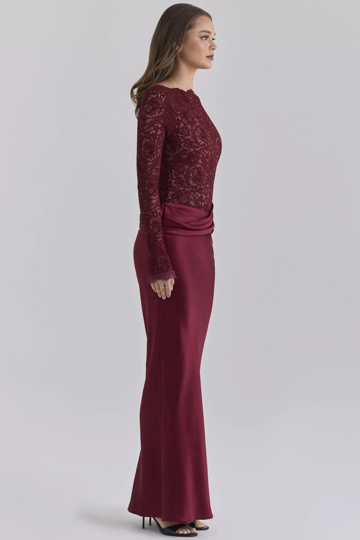 Yasmeen Cabernet Lace + Satin Draped Maxi Dress