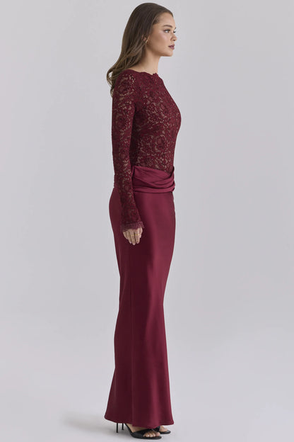 Yasmeen Cabernet Lace + Satin Draped Maxi Dress