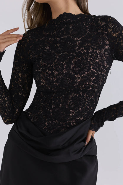 Yasmeen Midnight Lace + Satin Draped Mini Dress