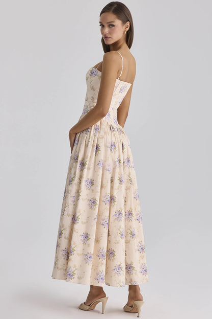 Ysabella Ivory Sweet Peony Floral Print Cotton Midi Sundress