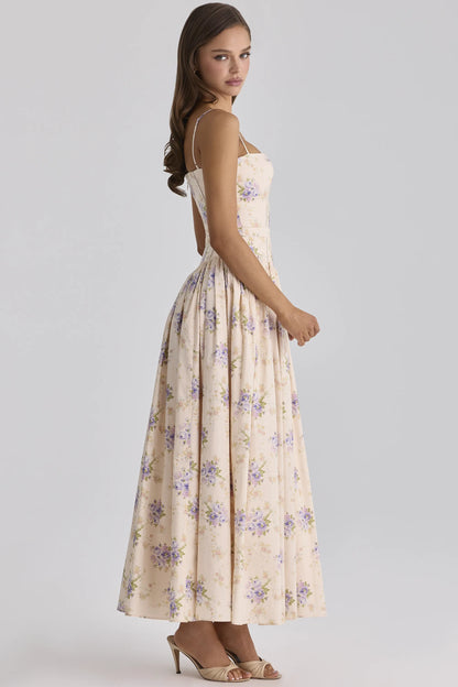 Ysabella Ivory Sweet Peony Floral Print Cotton Midi Sundress