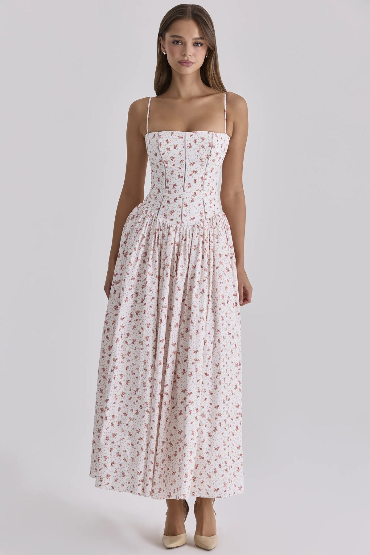 Ysabella White Rose Print Cotton Midi Sundress