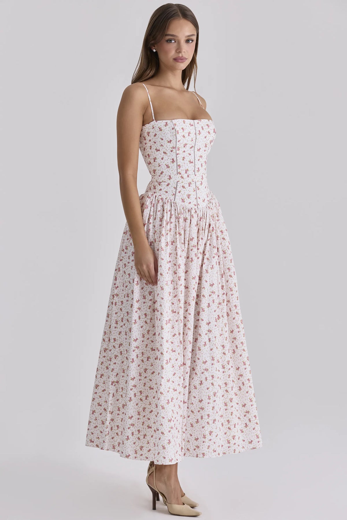 Ysabella White Rose Print Cotton Midi Sundress