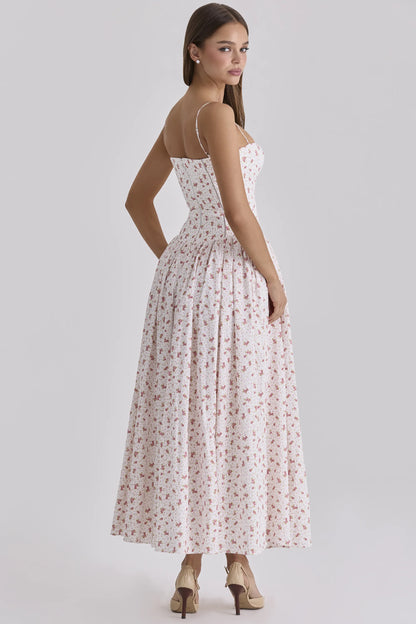 Ysabella White Rose Print Cotton Midi Sundress