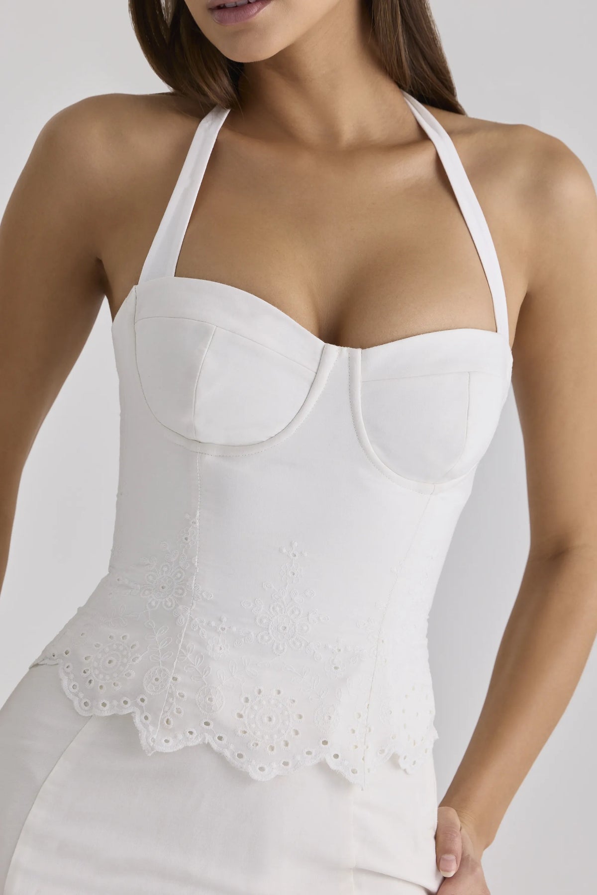 Zizi White Halter Neck Broderie Anglaise Corset Top