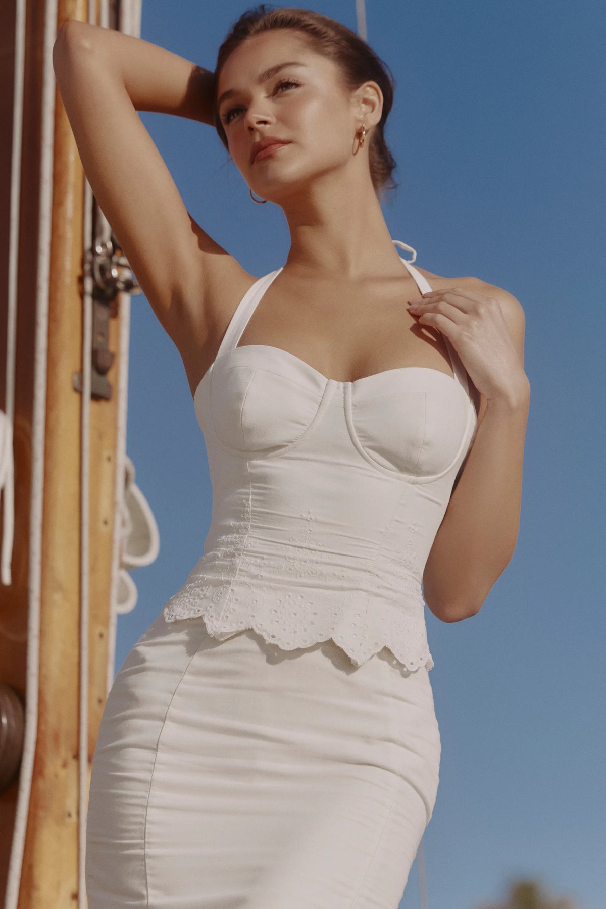 Zizi White Halter Neck Broderie Anglaise Corset Top